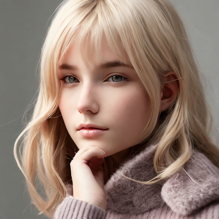 Portrait of person with blond hair, fair skin, and light eyes against neutral background