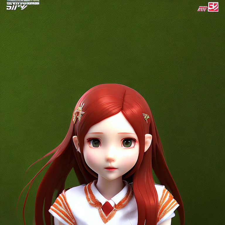 3D-rendered girl with expressive eyes, red hair, gold hairpins, white and orange outfit