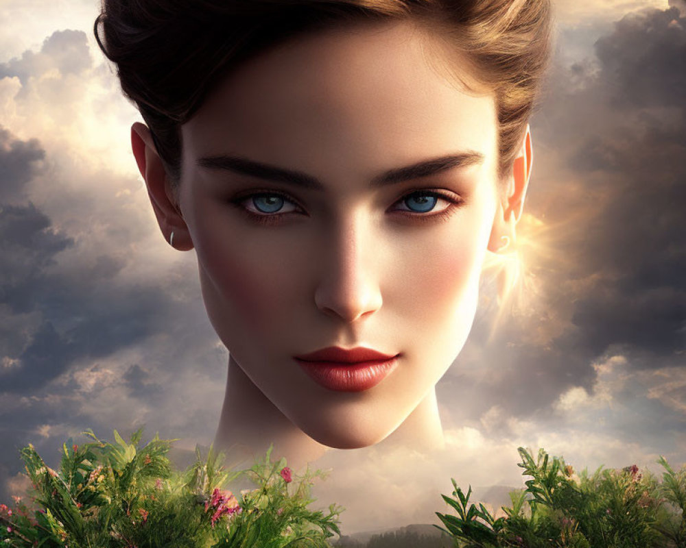 Portrait of Woman with Blue Eyes and Brown Hair Against Cloudy Sky and Greenery