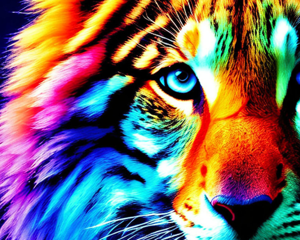 Colorful Tiger Portrait with Blue to Red Spectrum Fur