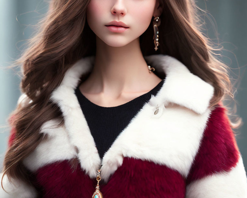 Portrait of Woman with Long Brown Hair, Blue Eyes, Black Top, Elegant Jewelry, Red & White