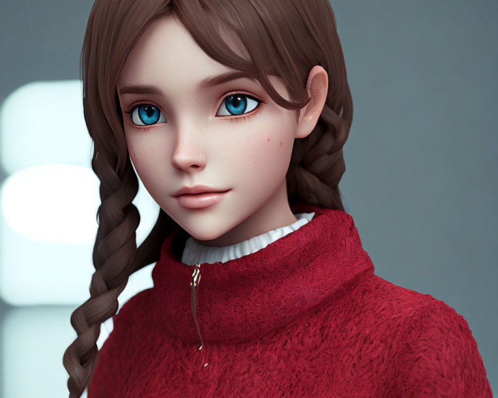 3D-generated image of girl with big blue eyes and braided brown hair