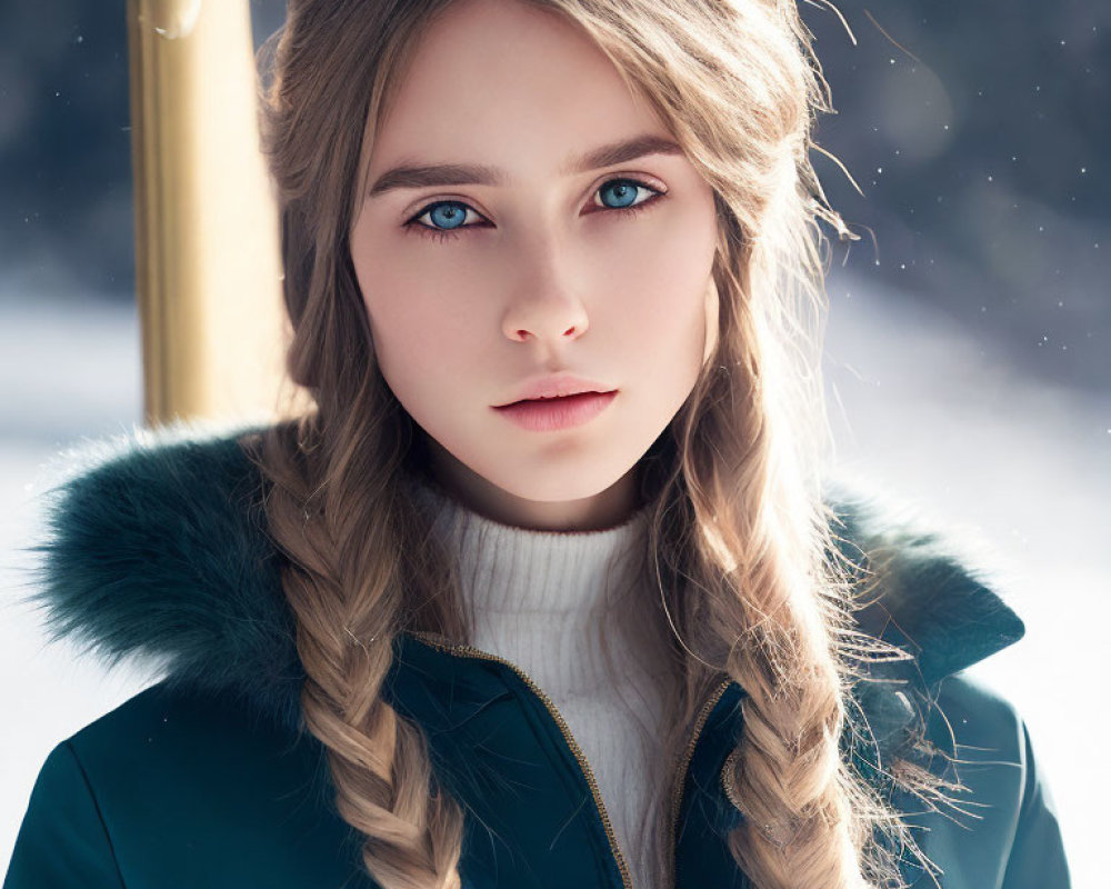 Young woman with braided hair in green coat against snowy backdrop