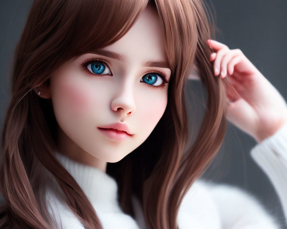 Digital Artwork: Female with Blue Eyes, Brown Hair, White Turtleneck