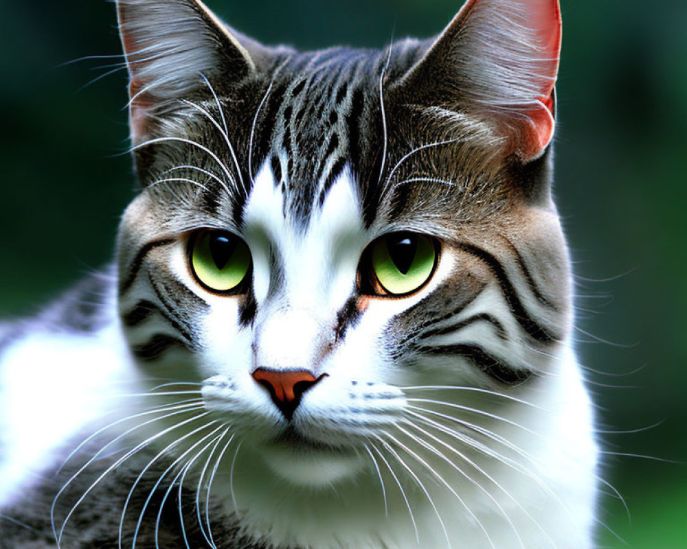 Tabby Cat Close-Up with Green Eyes and Unique Fur Patterns