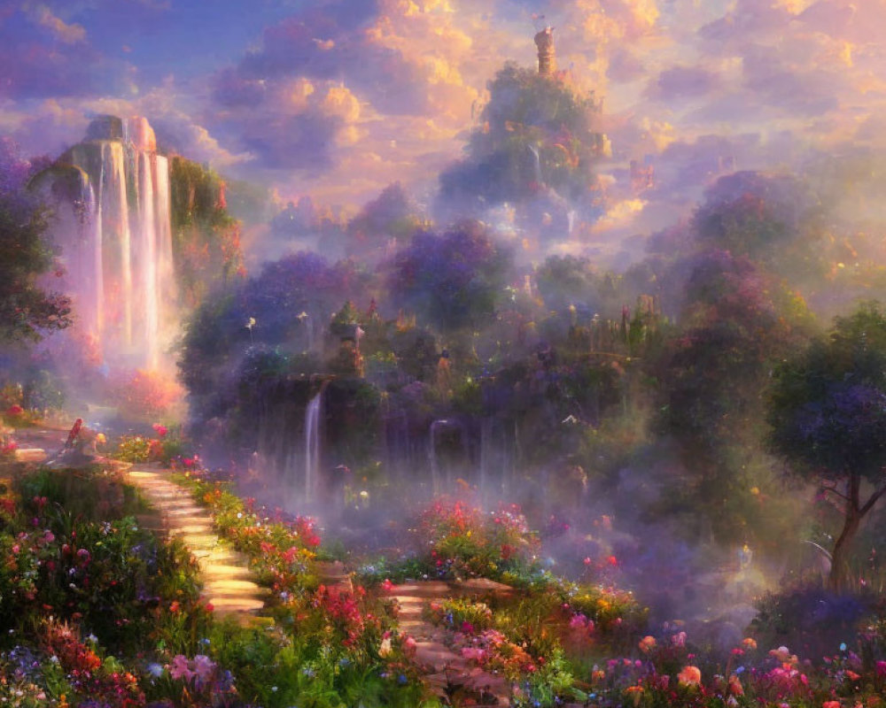 Vibrant flowers, misty waterfalls, glowing sunset, and distant castle in lush landscape