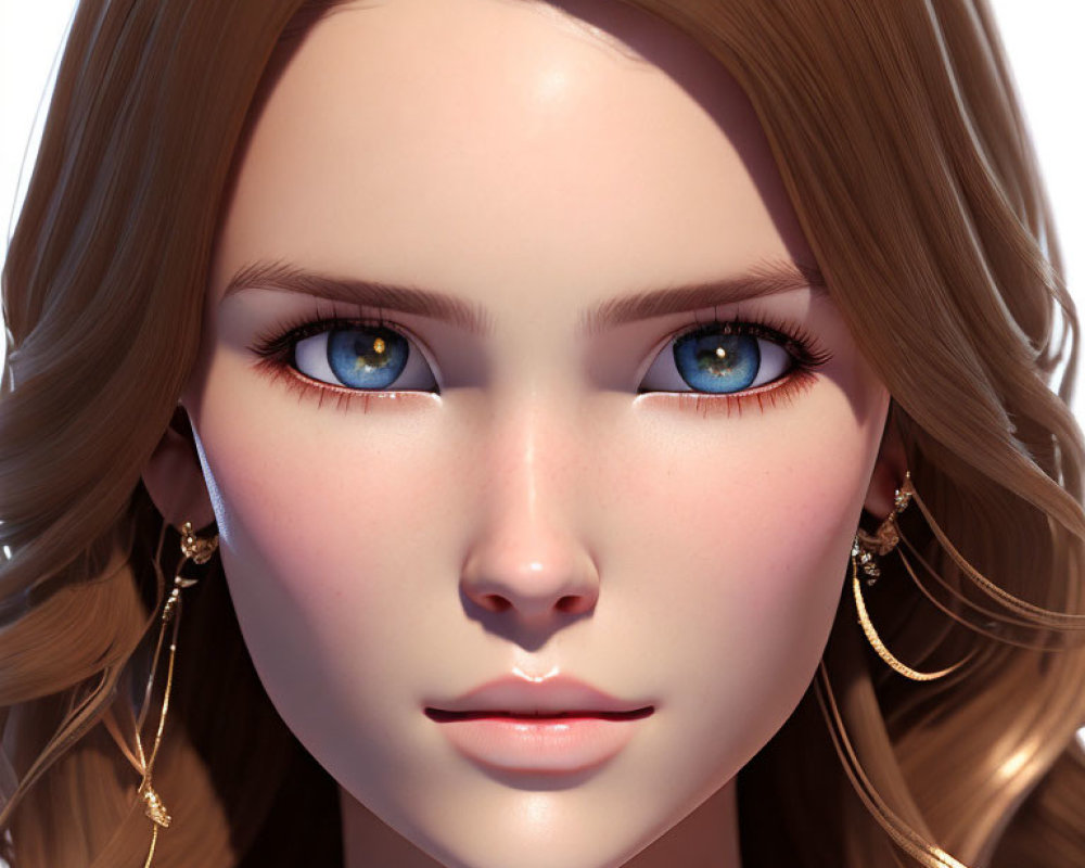 Close-up of 3D-rendered female character with blue eyes, blonde hair, and gold hoop