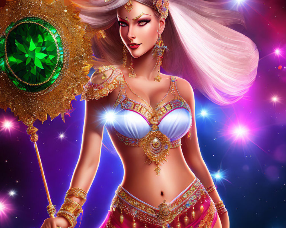 Illustrated woman in ornate gold clothing with jeweled headdress and magical staff on cosmic backdrop.