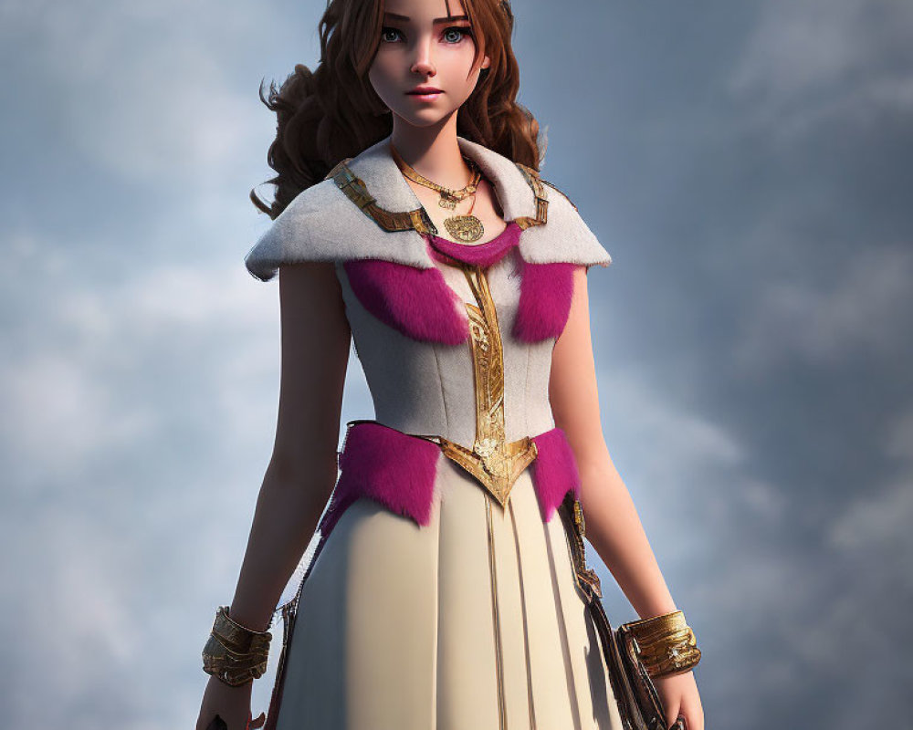 3D female character with brown hair in medieval dress with fur collar & gold trim