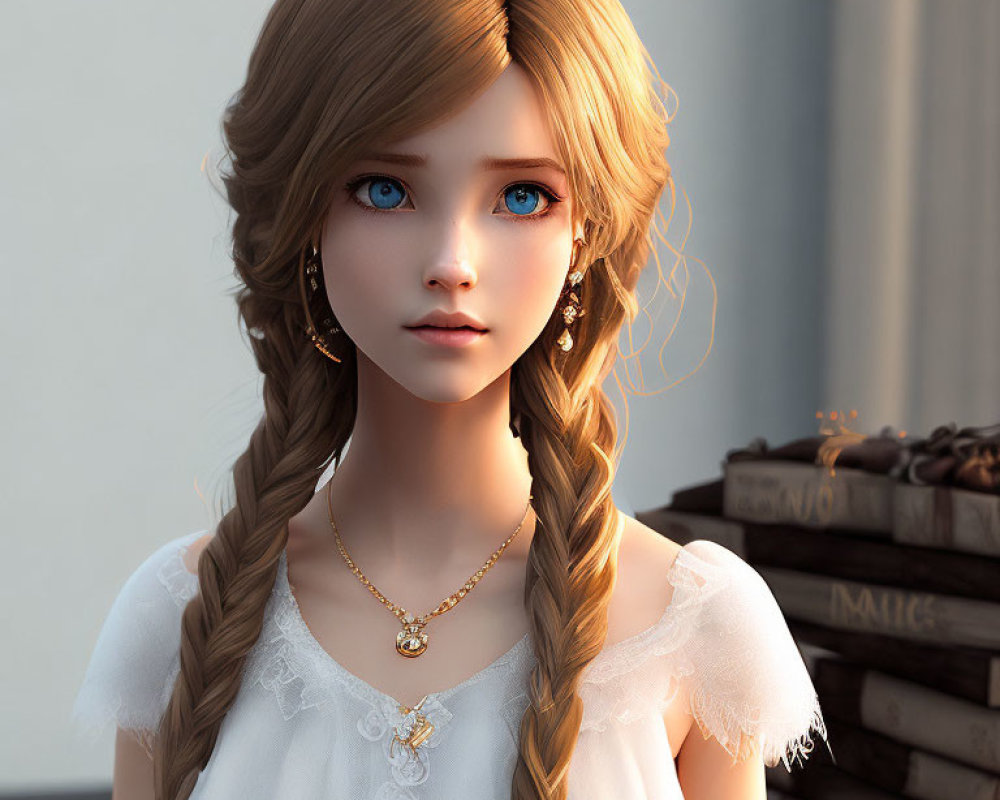 Young woman in white lace dress with braided brown hair and blue eyes in 3D render