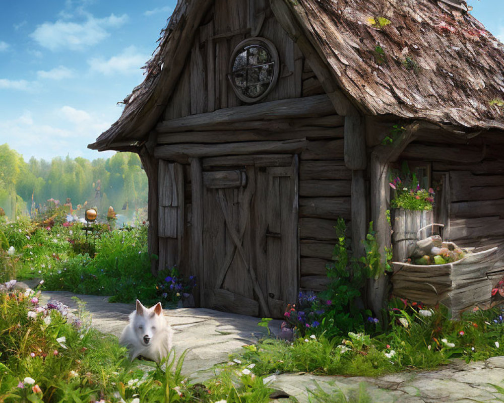 Rustic wooden cottage with straw roof, stone path, greenery, flowers, and white cat