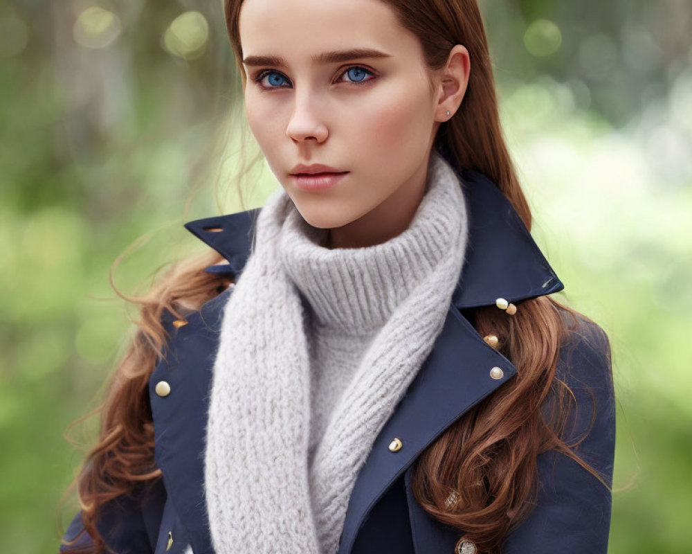 Woman with Blue Eyes in Gray Turtleneck and Navy Coat in Forest Setting