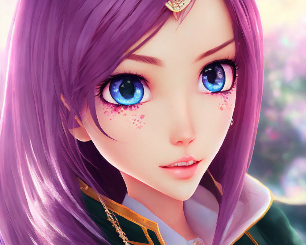 Animated female character with purple hair and freckles in green and gold outfit among pink blossoms