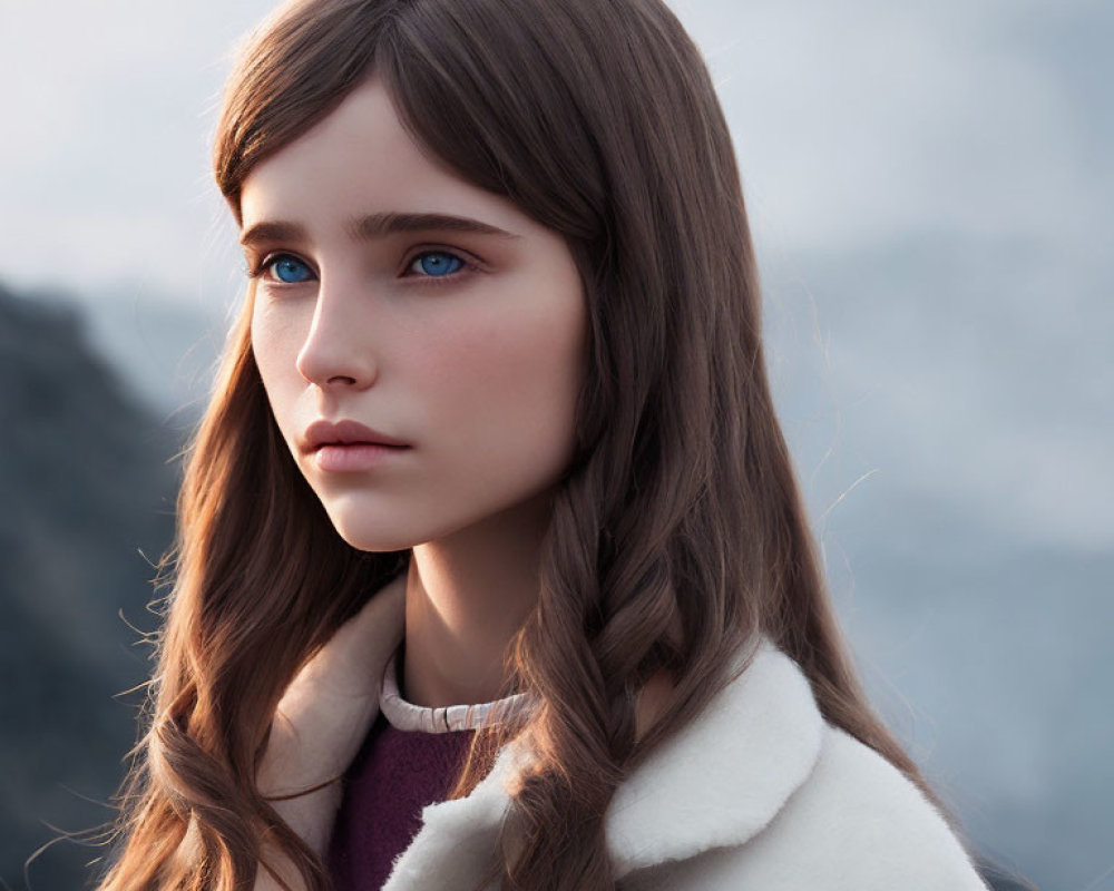 Young female digital portrait with blue eyes, long brown hair, braids, white coat, misty