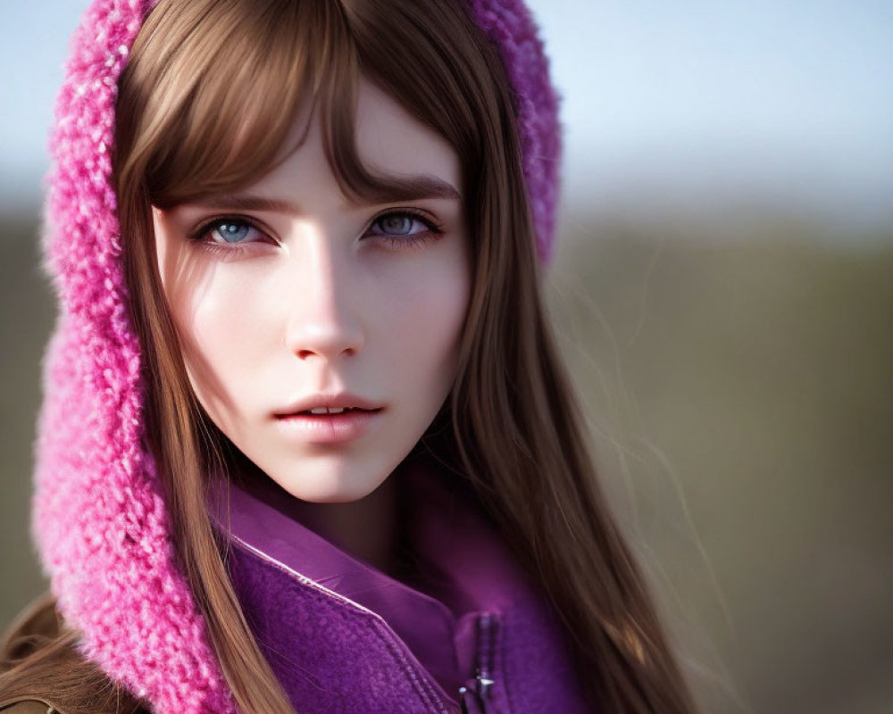 Digital artwork of woman with brown hair and blue eyes in pink hood and purple jacket, with blurred background