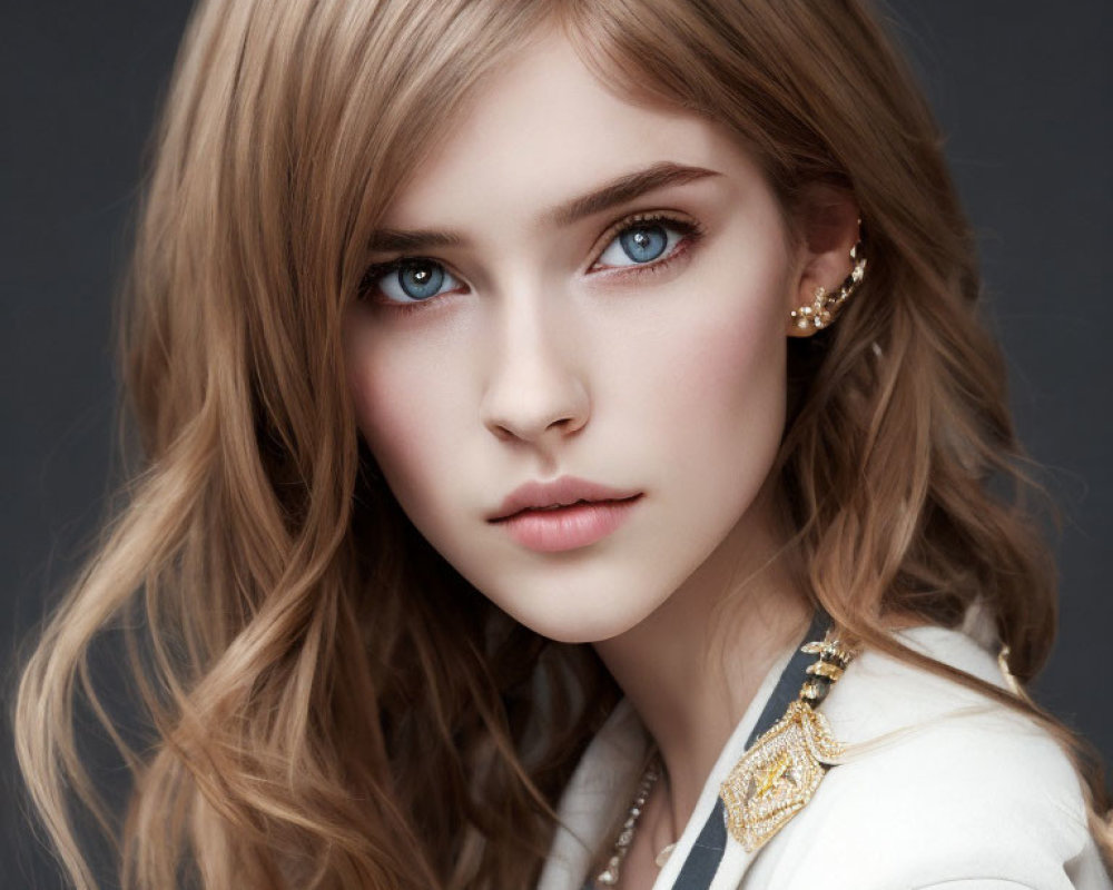 Portrait of Woman with Blue Eyes, Blonde Hair, Golden Earrings, and White Jacket