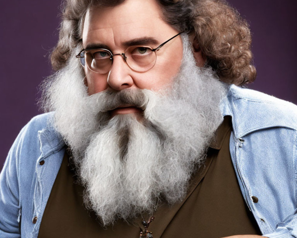 Elderly man with thick glasses and gray beard in denim jacket