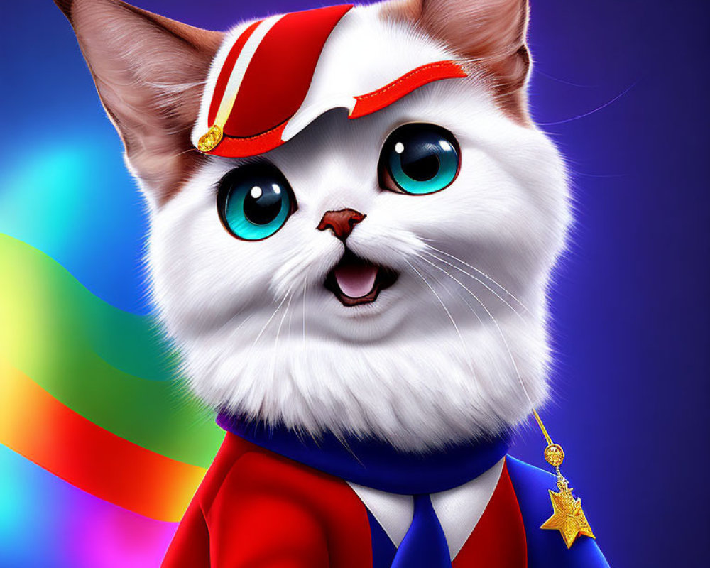 Colorful Cat Hero with Blue Eyes and Red Cape on Blue Background