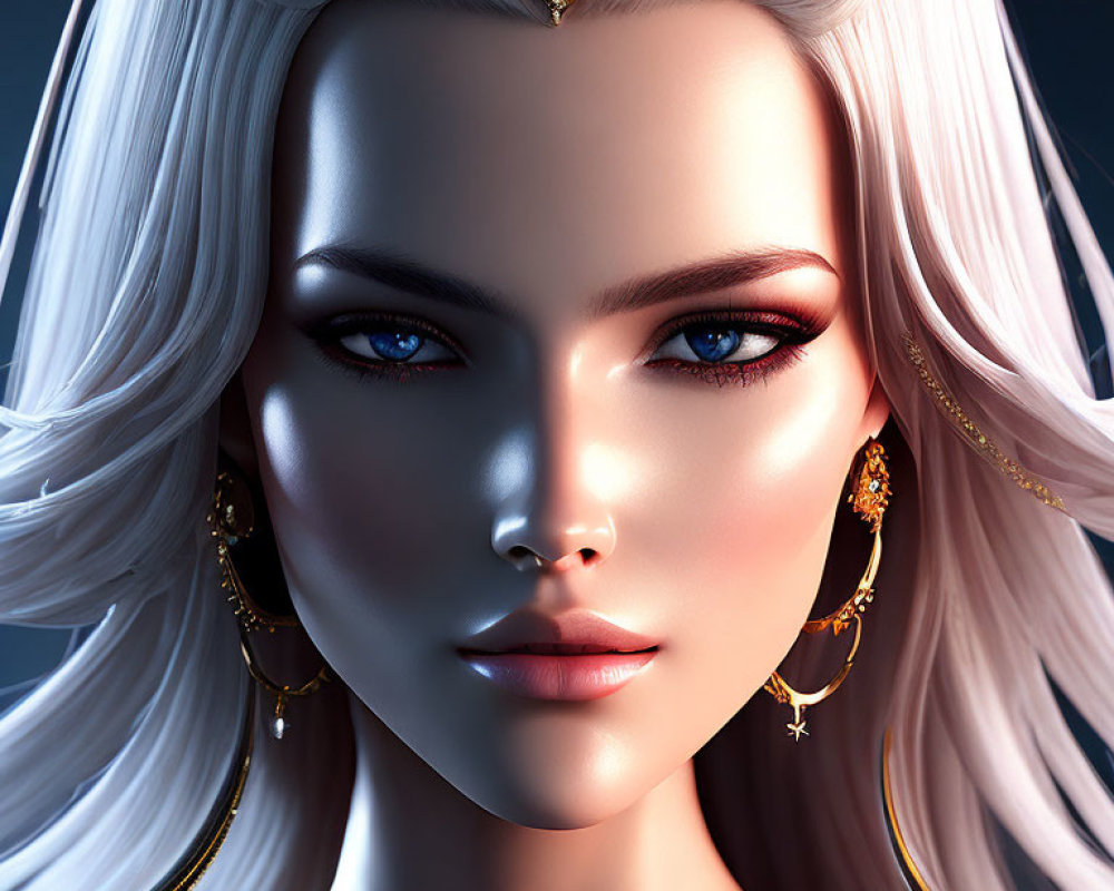 Female Character 3D Rendering: Blue Eyes, White Hair, Gold Jewelry