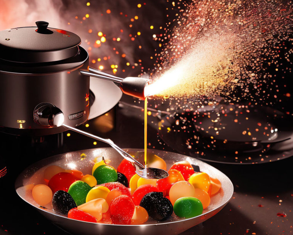 Pot pouring chocolate over colorful candies with dynamic splashes and sparks