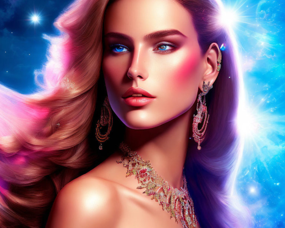 Woman with Flowing Hair and Blue Eyes in Cosmic Setting with Jewelry