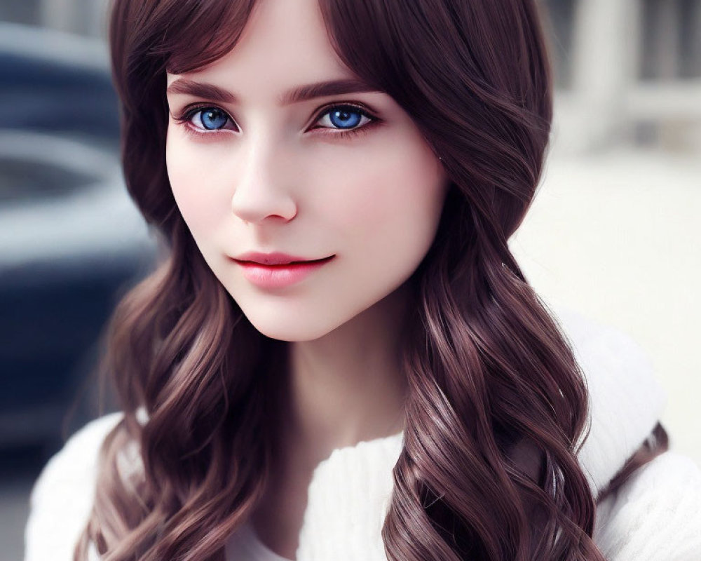 Digital artwork: Young woman with blue eyes, wavy brown hair, fair skin, white sweater