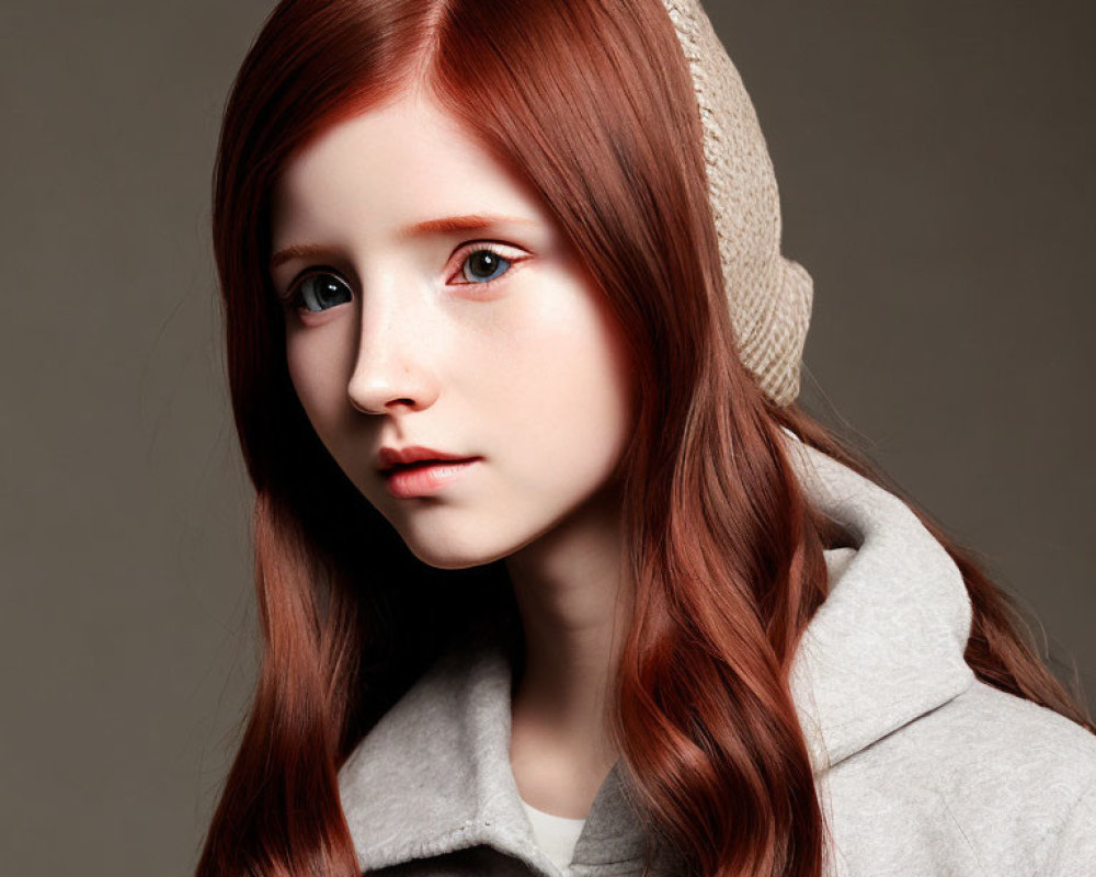 Person with Long Auburn Hair in Beanie and Gray Hoodie on Neutral Background