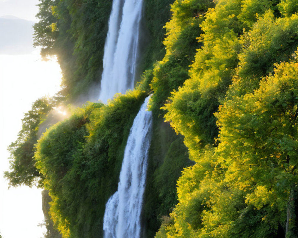 Lush green foliage surrounding cascading waterfall at sunrise or sunset