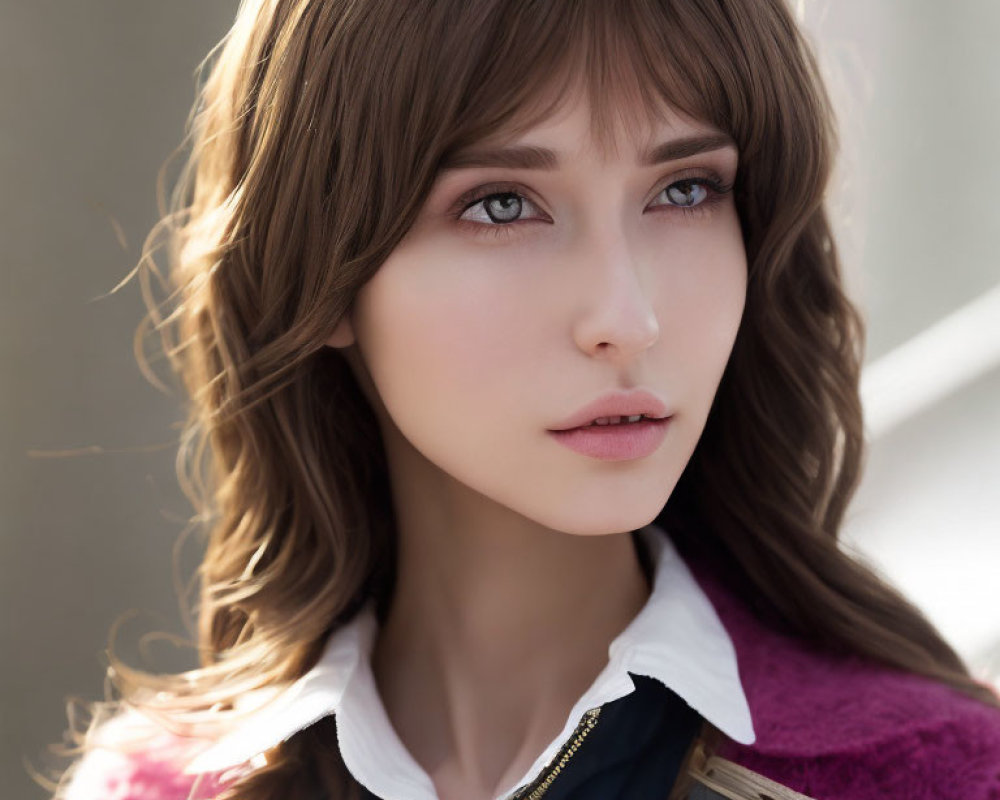 Portrait of a woman with brown hair, pale skin, light eyes, dark uniform, gold accents,