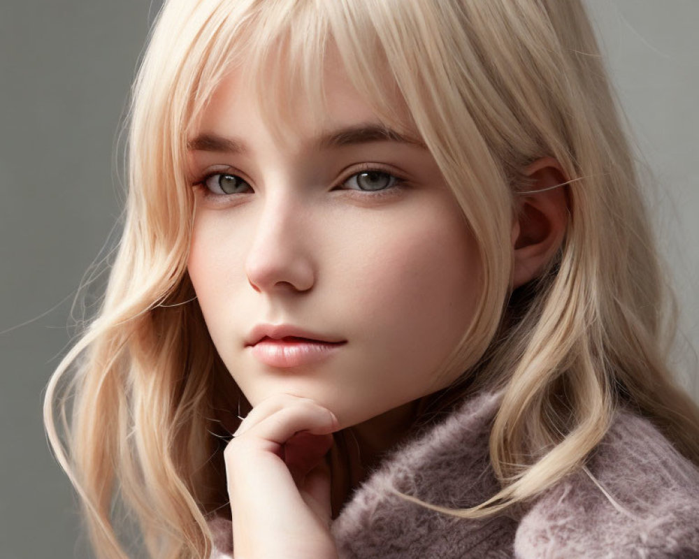 Portrait of person with blond hair, fair skin, and light eyes against neutral background