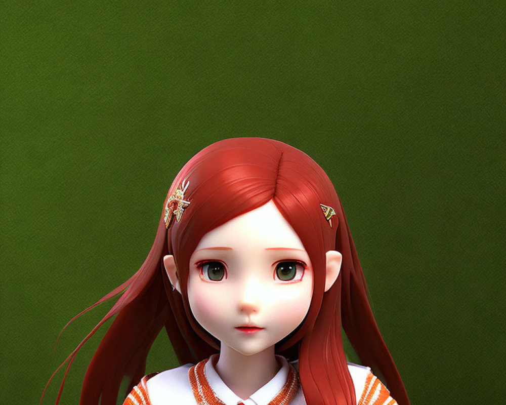 3D-rendered girl with expressive eyes, red hair, gold hairpins, white and orange outfit