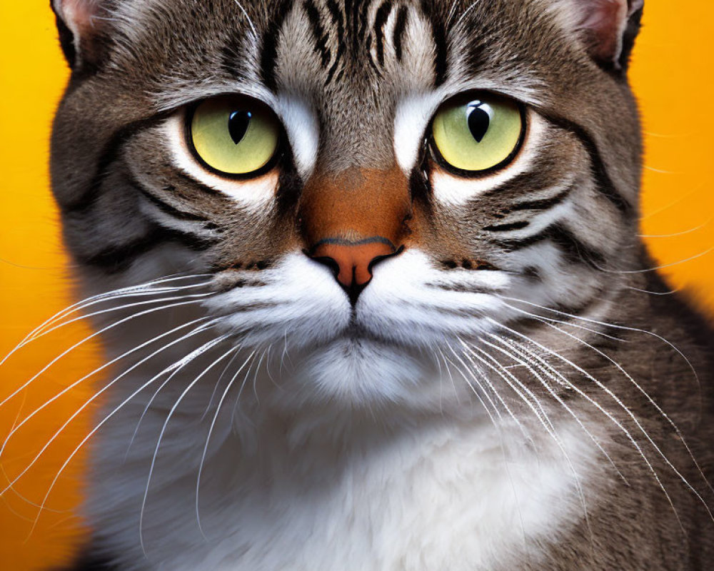 Tabby Cat with Striking Yellow Eyes and Facial Markings on Yellow Background