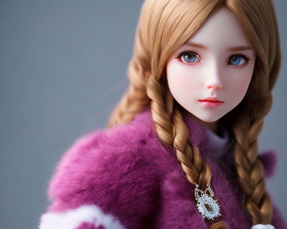 Realistic doll with braided blonde hair, big blue eyes, purple fluffy coat, ornate necklace