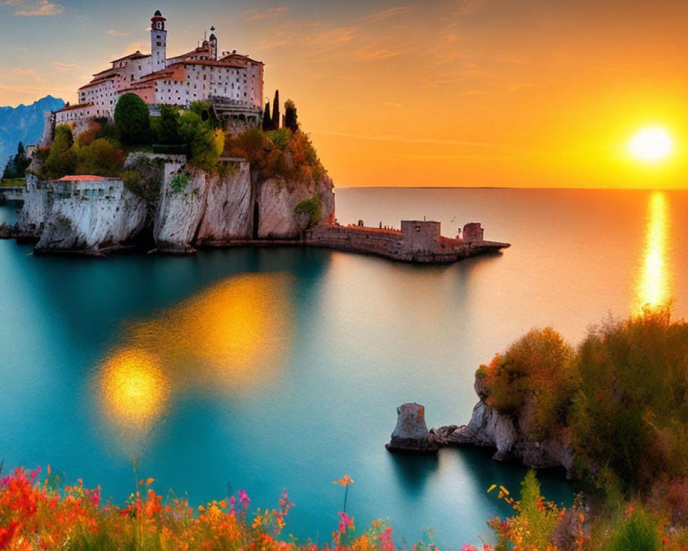 Cliffside castle at sunset with vibrant flowers and serene sea