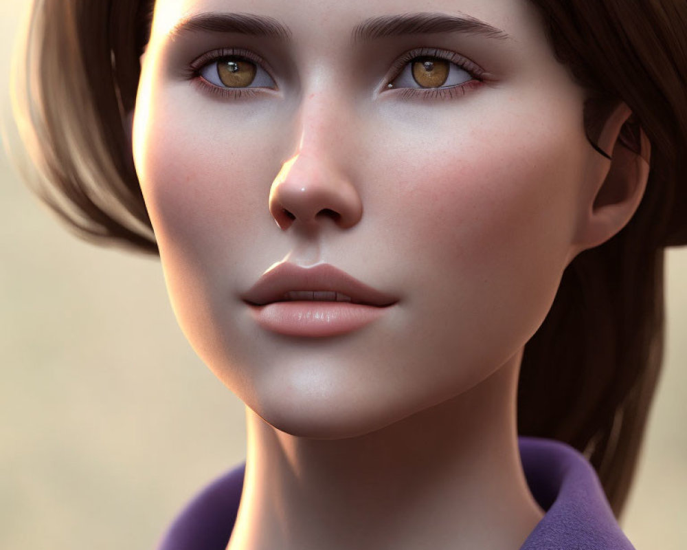 Portrait of Woman with Brown Eyes and Dark Hair in Purple Garment