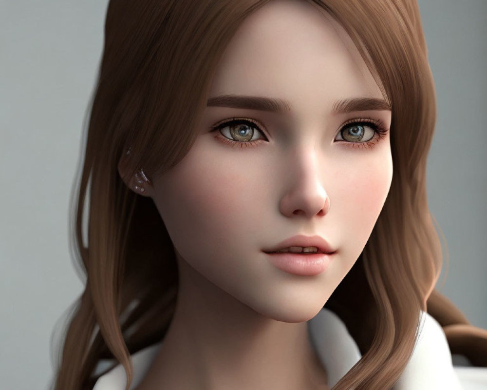 Female 3D Rendering with Brown Hair, Blue Eyes, and White Outfit