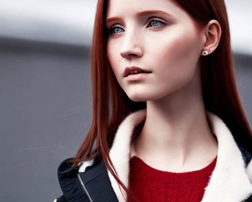 Red-haired woman in red sweater and black jacket with white fur collar, blue eyes gazing thoughtfully