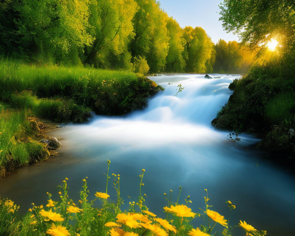 Tranquil river in lush forest with sunlight and wildflowers