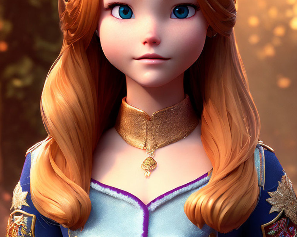 3D animated young female character with blue eyes and auburn hair in blue dress