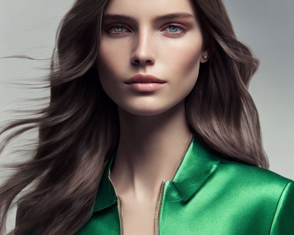 Woman with Long Flowing Hair and Striking Green Eyes in Satin Green Blouse