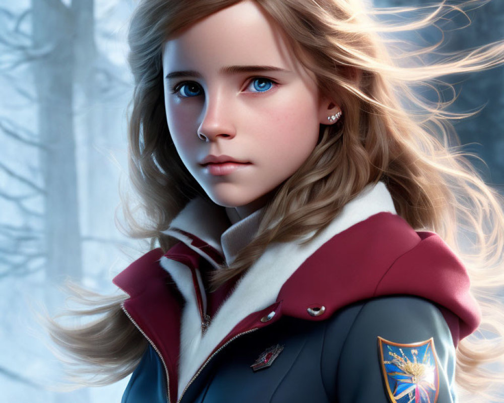 Digital artwork of young girl with blonde hair and blue eyes in red coat on snowy backdrop