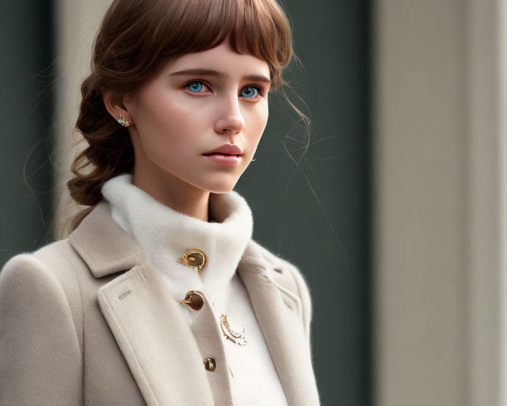 Blue-eyed woman with brown hair in fringe, cream coat with golden buttons, against blurred backdrop