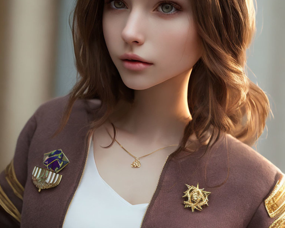 Brown-haired woman in military-style jacket with patches and medals.