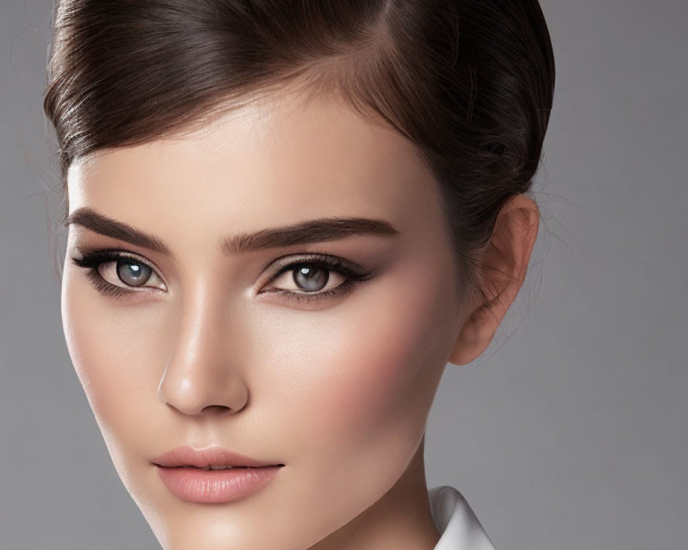 Detailed close-up of woman with polished makeup and updo on grey background