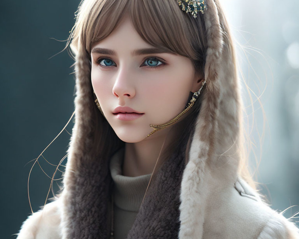 Digital artwork of woman with fur-trimmed hood, blue eyes, brown hair, decorative headpiece