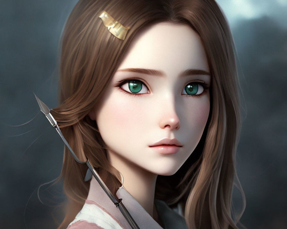 Digital art character with green eyes, brown hair, and paintbrush pose