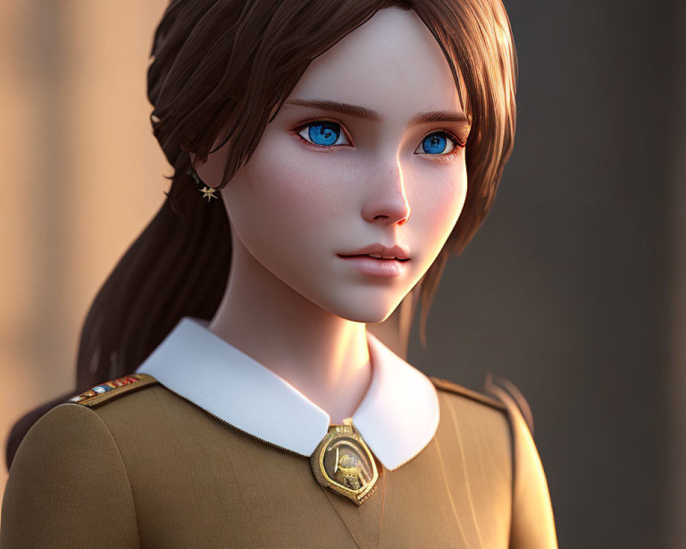 3D-rendered image: Young woman with blue eyes, brown hair, gold brooch, brown