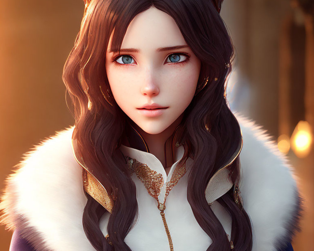 Digital artwork featuring young woman with blue eyes, wavy brown hair, golden crown, white fur outfit