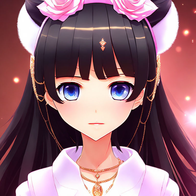 Blue-eyed animated character with black, white, and pink hair accessories, gold jewelry, white outfit,