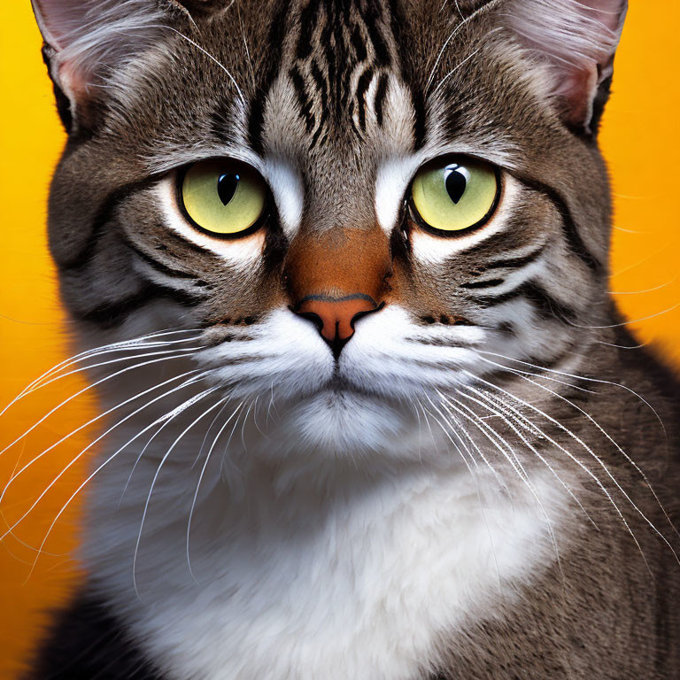 Tabby Cat with Striking Yellow Eyes and Facial Markings on Yellow Background